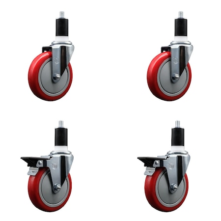 Service Caster 5'' Red Poly Wheel Swivel 1-1/2'' Expanding Stem Caster Set 2 Brakes, 4PK SCC-EX20S514-PPUB-RED-2-PLB-2-112